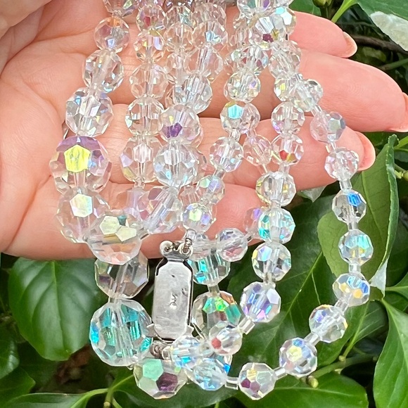 VINTAGE AURORA BOREALIS BEADS DOUBLE STRAND NECKLACE 925 STERLING SILVER LOCK